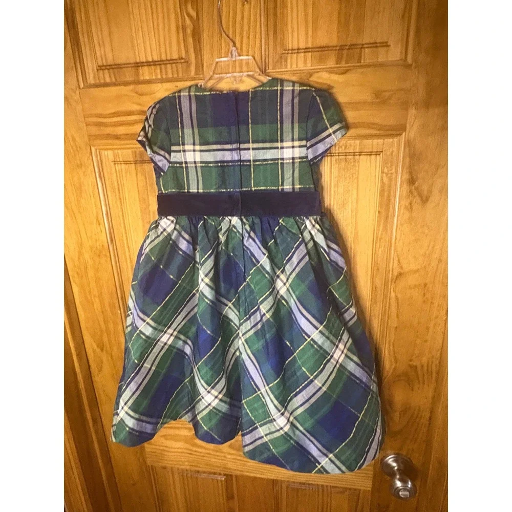 Gymboree Girls Plaid Holiday Dress Size 5 Green Blue Gold Metallic Velvet Bow